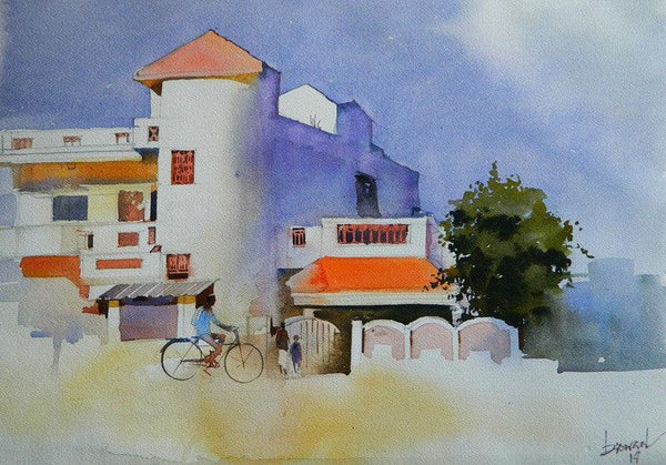 Cityscape watercolor painting titled 'The House With A Orange Cap', 16x20 inches, by artist Bijay Biswaal on Handmade Paper