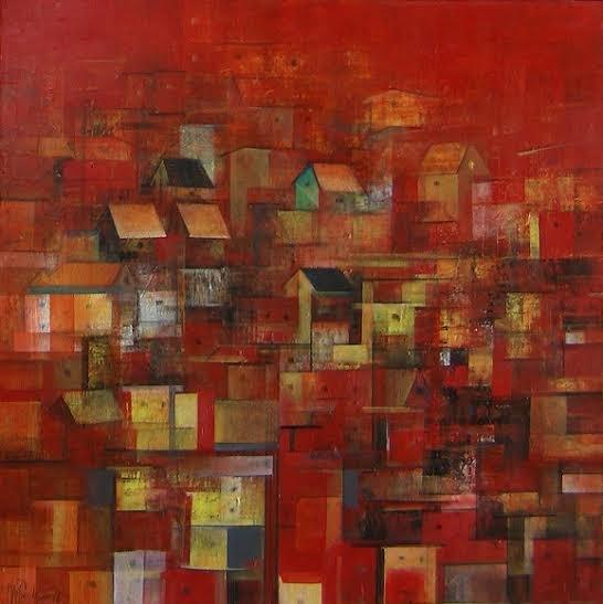 Abstract acrylic painting titled 'The Houses', 24x24 inches, by artist M Singh on Canvas