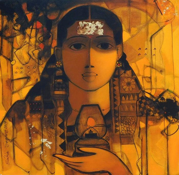 Figurative acrylic painting titled 'The Indian Woman 2', 24x24 inches, by artist Sachin Sagare on Canvas