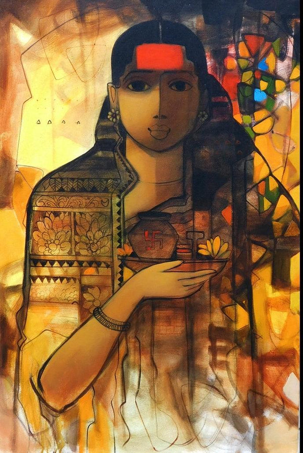 Figurative acrylic painting titled 'The Indian Woman 3', 36x24 inches, by artist Sachin Sagare on Canvas