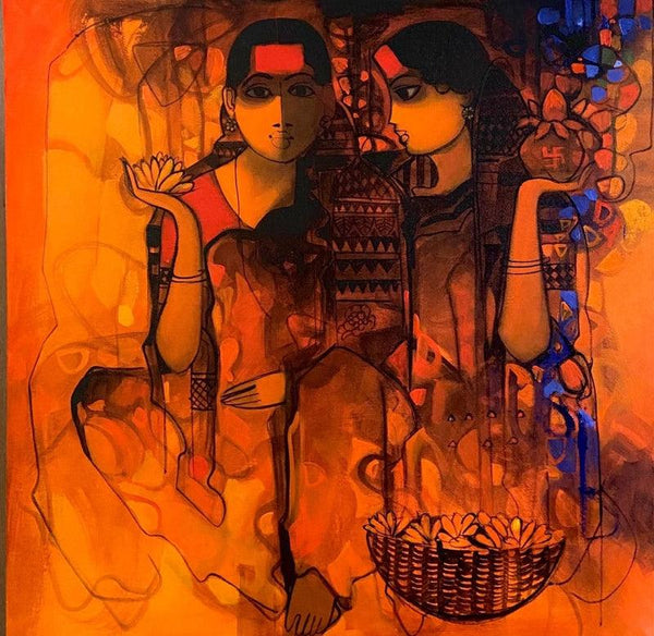 Figurative acrylic painting titled 'The Indian Woman 5', 30x30 inches, by artist Sachin Sagare on Canvas