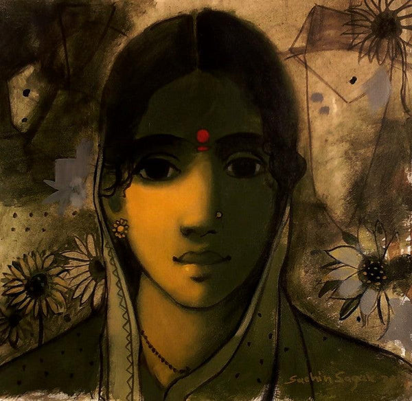 Figurative acrylic painting titled 'The Indian Woman', 13x13 inches, by artist Sachin Sagare on Canvas