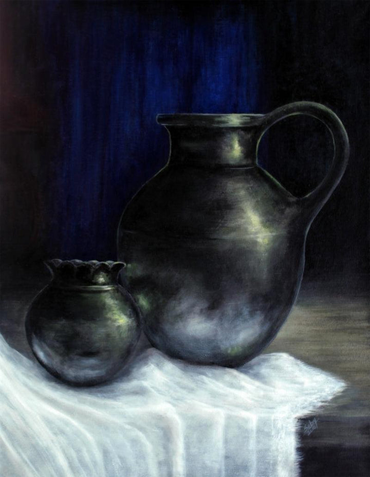 Still-life acrylic painting titled 'The Jars', 27x21 inches, by artist Seby Augustine on Canvas