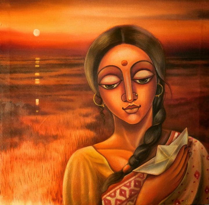 Figurative acrylic painting titled 'The Journey Of Desire', 24x24 inches, by artist Sumon Naskar on Canvas