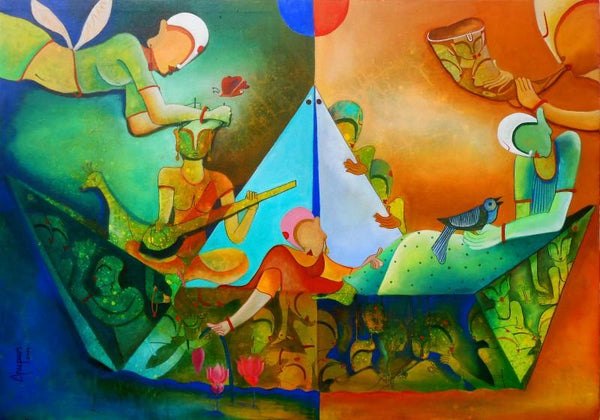 Figurative acrylic painting titled 'The journey of dreams', 36x45 inches, by artist Anupam Pal on Canvas