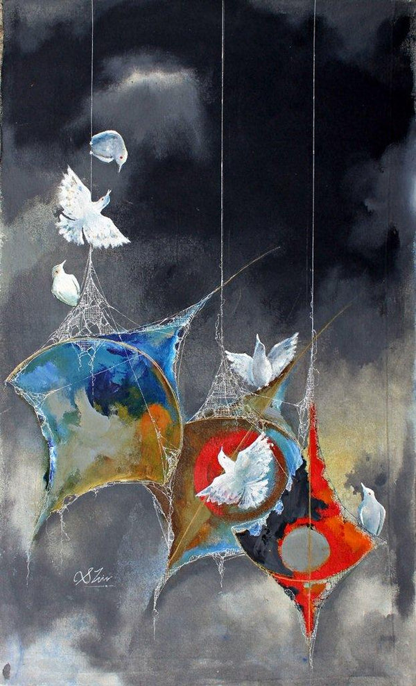 Fantasy acrylic painting titled 'The joy of kites and birds', 24x12 inches, by artist Shiv Kumar Soni on Canvas