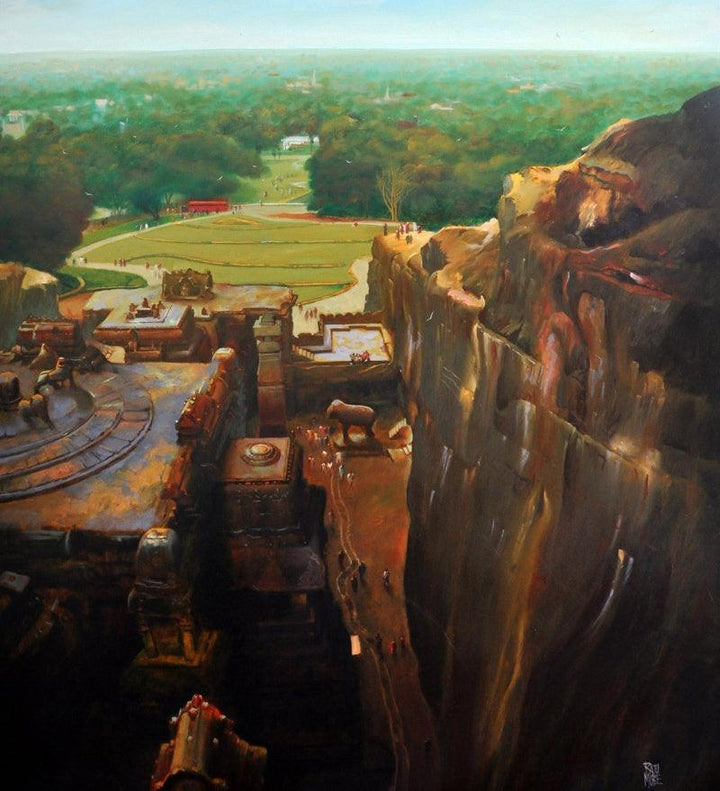 Cityscape oil painting titled 'The Kailasa Temple', 38x34 inches, by artist Raju More on Canvas