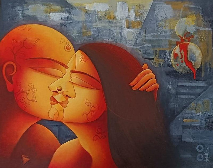 Figurative acrylic painting titled 'The kiss 1', 20x26 inches, by artist Anjali Surana on Canvas