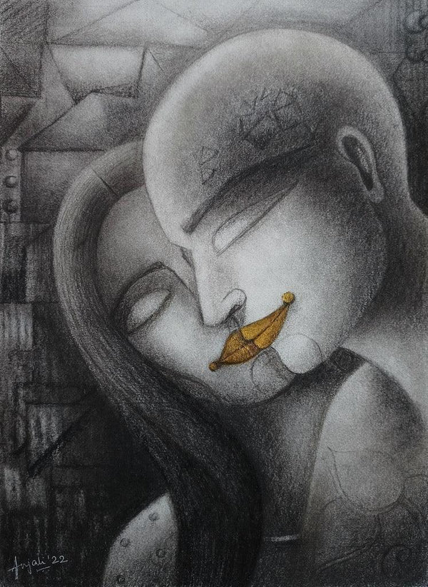 Figurative mixed media painting titled 'The kiss 2', 14x10 inches, by artist Anjali Surana on Paper