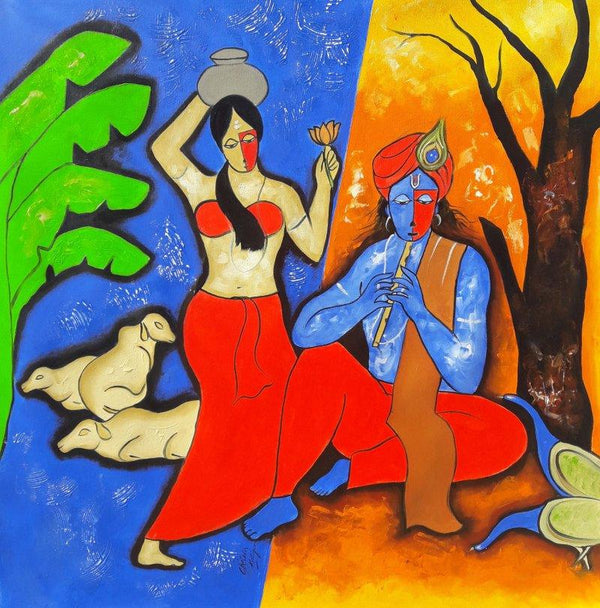 Figurative mixed media painting titled 'The Krishna 3', 36x36 inches, by artist Chetan Katigar on Canvas