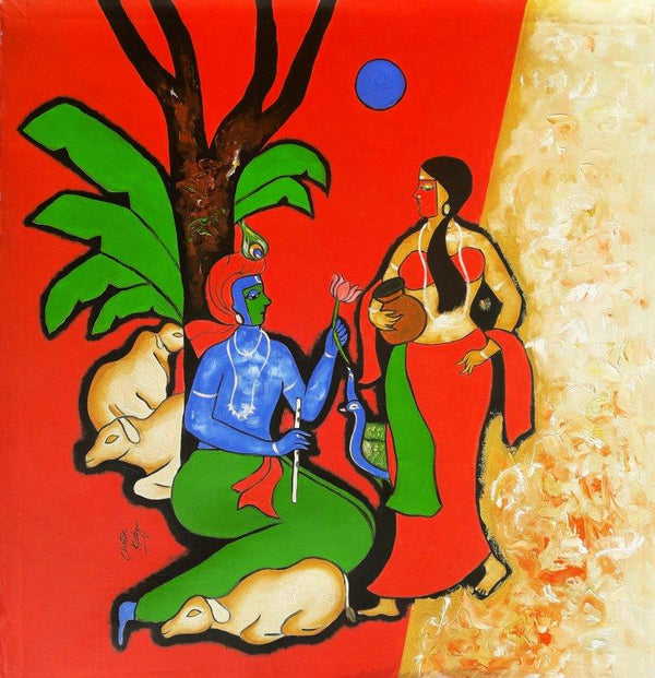 Figurative mixed media painting titled 'The Krishna', 29x29 inches, by artist Chetan Katigar on Canvas