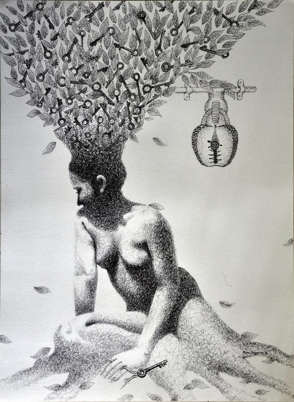 Nude pen drawing titled 'The Last Key', 30x22 inches, by artist Mansi Sagar on Paper