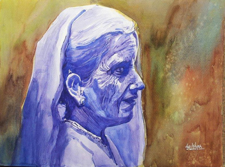 Figurative watercolor painting titled 'The Listening Ear', 15x12 inches, by artist Gulshan Achari on Paper