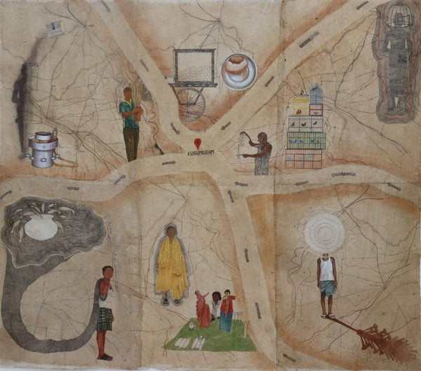 contemporary mixed media painting titled 'The Location', 48x60 inches, by artist Intaz Ansari on Handmade Paper