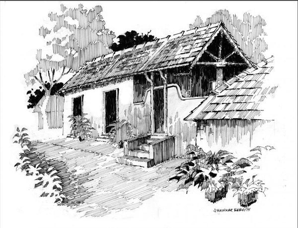 Scenic pen drawing titled 'The Lonely House', 11x14 inches, by artist Sankara Babu on Paper