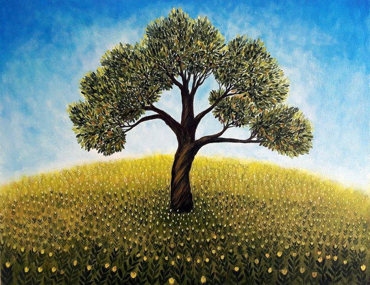 Nature acrylic painting titled 'The Lonely Tree', 22x28 inches, by artist Seby Augustine on Canvas