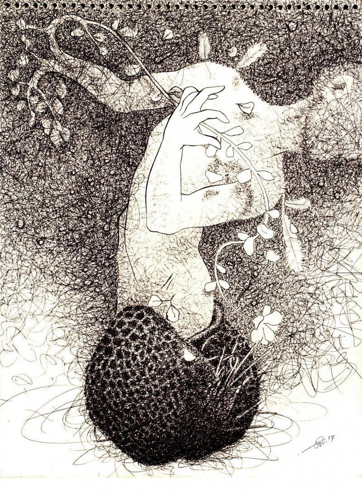 Figurative pen ink drawing titled 'The Lost Seed', 14x11 inches, by artist Pratap Chakraborty on Paper