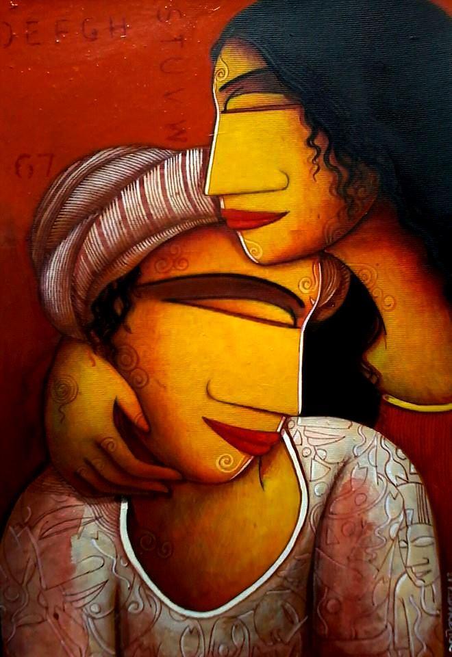 Figurative acrylic painting titled 'The Lover', 12x18 inches, by artist Samir Sarkar on Paper