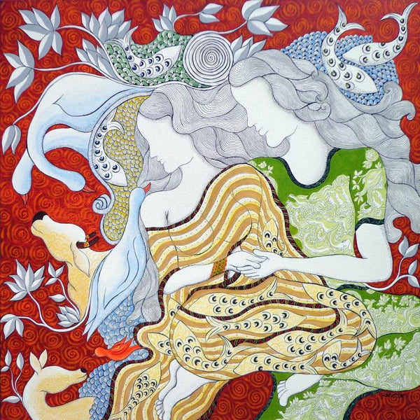 contemporary acrylic pen painting titled 'The Lovers', 36x36 inches, by artist Hariom Kuthwaria on Canvas