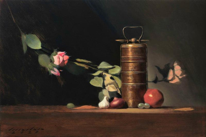 Still-life oil painting titled 'The Lunch Box', 16x24 inches, by artist Amit Srivastava on Linen