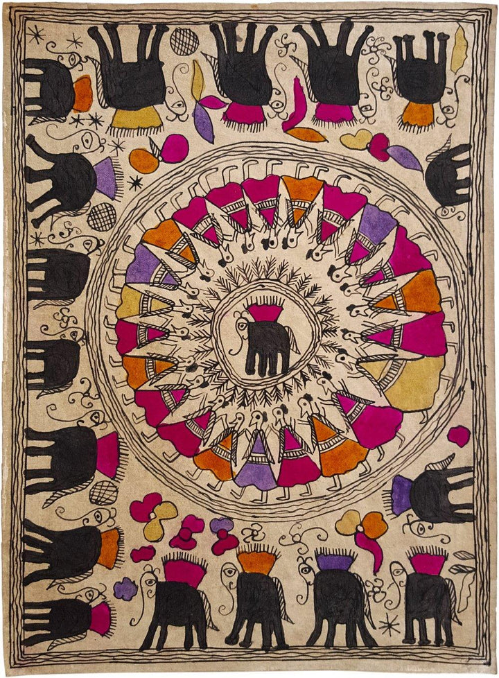 Folk Art madhubani traditional art titled 'The Magnificent Cavalcade Madhubani Art', 16x12 inches, by artist Yamuna Devi on Handmade Paper