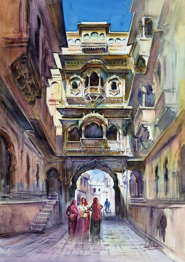 Cityscape watercolor painting titled 'The Magnificient Jailsalmer Haveli', 15x21 inches, by artist Gulshan Achari on Paper