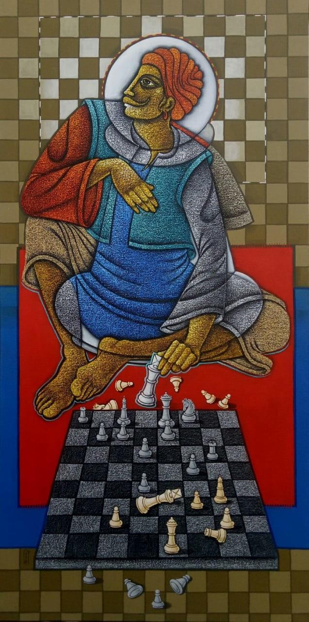 Figurative acrylic painting titled 'The Making King', 60x30 inches, by artist Satyajeet Shinde on Canvas