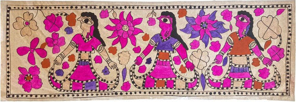 Folk Art madhubani traditional art titled 'The Malin Sisters Madhubani Art', 8x23 inches, by artist Yamuna Devi on Handmade Paper