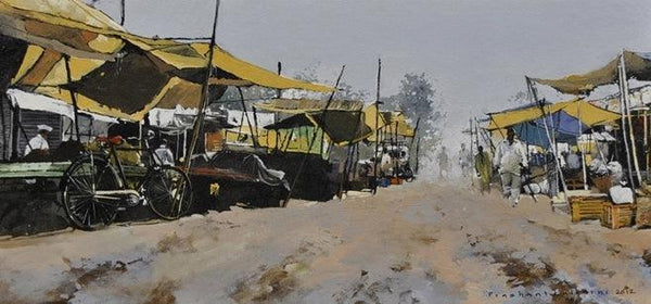 Cityscape acrylic painting titled 'The Market', 18x30 inches, by artist Prashant Kulkarni on Canvas