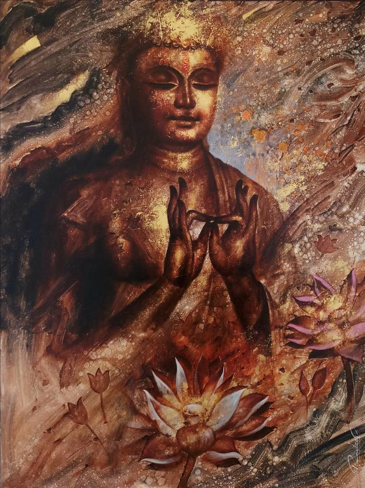 Religious oil painting titled 'The Meditation', 48x36 inches, by artist Pradeep Kumar on Canvas