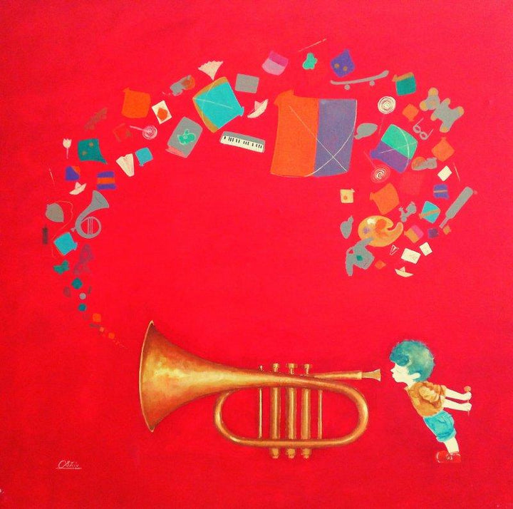 Figurative acrylic painting titled 'The memories of childhood', 30x30 inches, by artist Shiv Kumar Soni on Canvas