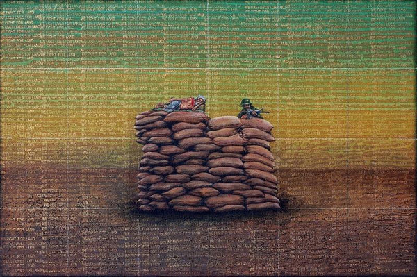 Figurative oil painting titled 'The Mending Wall', 24x36 inches, by artist Balaji Ponna on Canvas