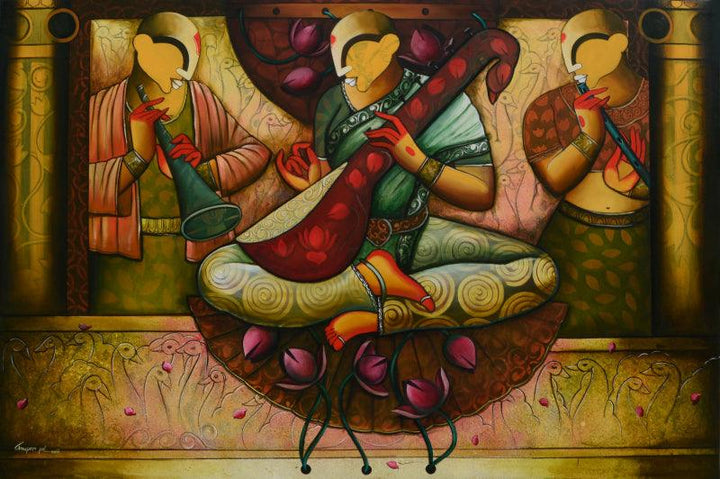 Figurative acrylic painting titled 'The Mesmerizing Melody', 48x72 inches, by artist Anupam Pal on canvas