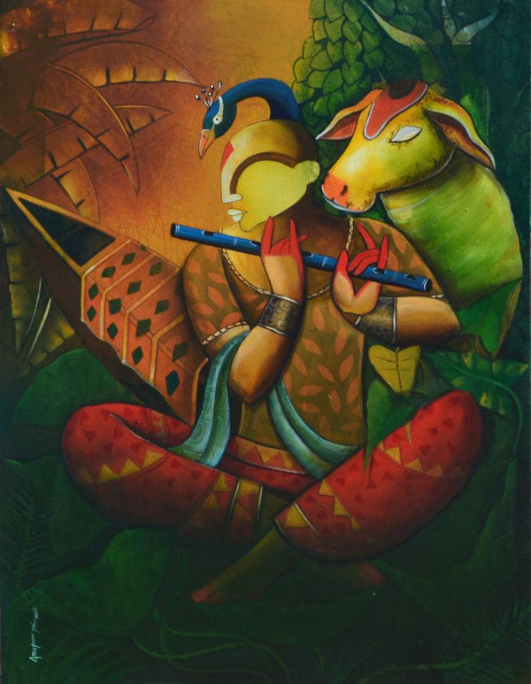 Religious acrylic painting titled 'The Mesmerizing Tunes 17', 36x47 inches, by artist Anupam Pal on canvas