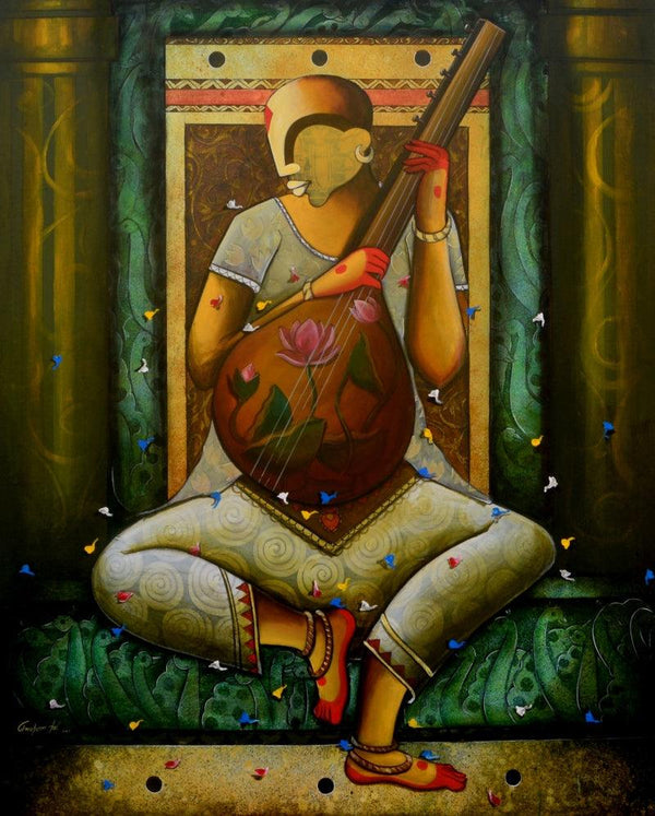 contemporary acrylic painting titled 'The mesmerizing tunes', 48x60 inches, by artist Anupam Pal on canvas