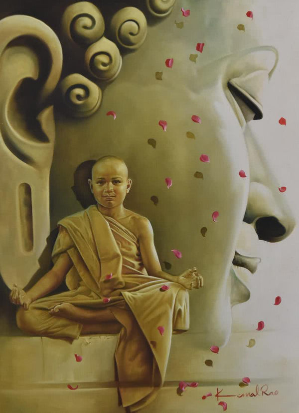 Realistic oil painting titled 'The Monk and the Master', 36x48 inches, by artist Kamal Rao on Canvas