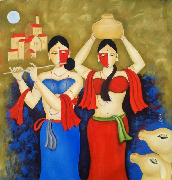 Religious oil painting titled 'The Moon 2', 30x30 inches, by artist Chetan Katigar on Canvas