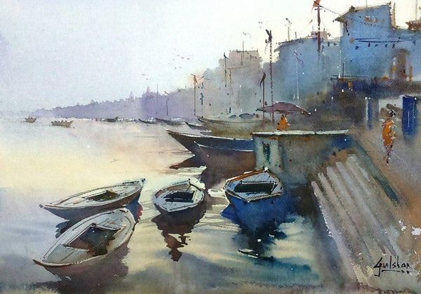 Seascape watercolor painting titled 'The Morning Glow At Varanasi', 18x13 inches, by artist Gulshan Achari on Paper