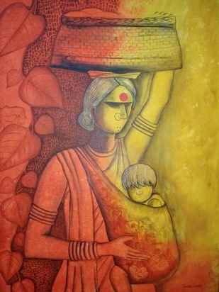 Figurative acrylic painting titled 'The Mother', 24x36 inches, by artist Janaki Injety on Canvas