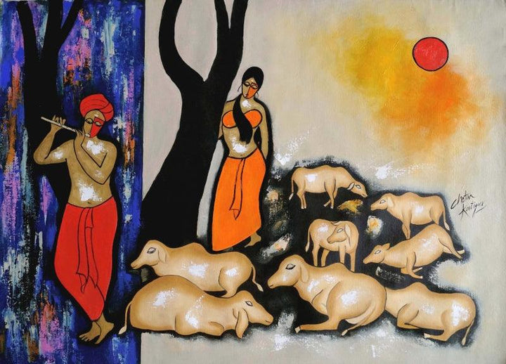 contemporary acrylic painting titled 'The Music Backon', 26x36 inches, by artist Chetan Katigar on Canvas