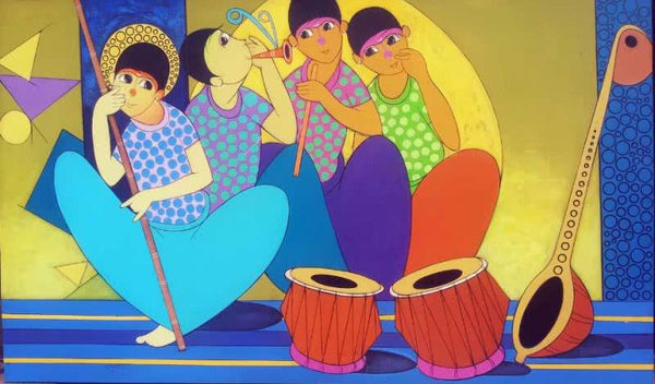 Figurative acrylic painting titled 'The Music Party', 36x60 inches, by artist Dnyaneshwar Bembade on Canvas