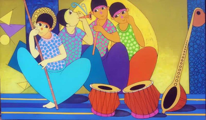 Figurative acrylic painting titled 'The Music Party', 36x60 inches, by artist Dnyaneshwar Bembade on Canvas