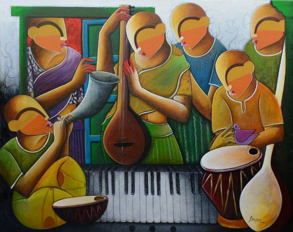 Figurative acrylic painting titled 'The Musical Band 2', 48x60 inches, by artist Anupam Pal on canvas