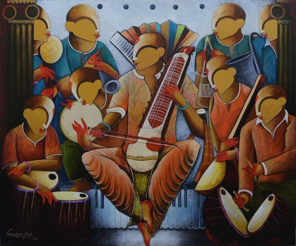 contemporary acrylic painting titled 'The Musical Band 5', 60x72 inches, by artist Anupam Pal on canvas