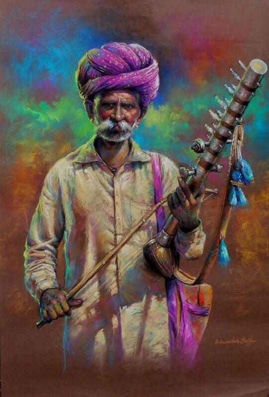 Portrait pastel painting titled 'The Musician', 40x30 inches, by artist Balwinder Singh on Canvas