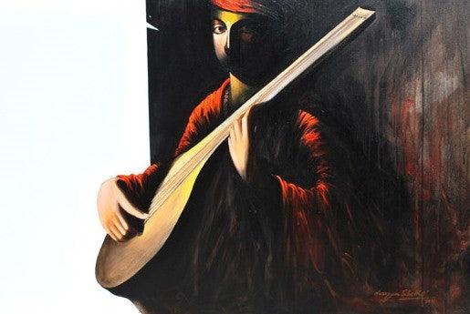 Figurative acrylic painting titled 'The Musician I', 48x30 inches, by artist Narayan Shelke on Canvas