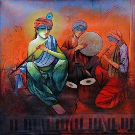 Figurative mixed media painting titled 'The Musicians', 48x48 inches, by artist Ram Onkar on Canvas