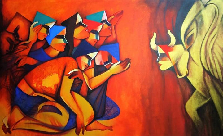 Figurative acrylic painting titled 'The Nandi', 48x72 inches, by artist Nawal Kishore on Canvas