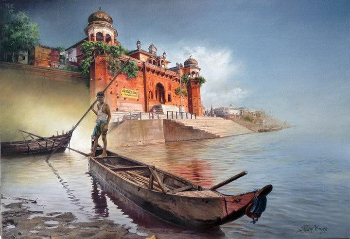 Cityscape oil painting titled 'The New Prayag Raj', 36x52 inches, by artist Shyam Verma on Canvas