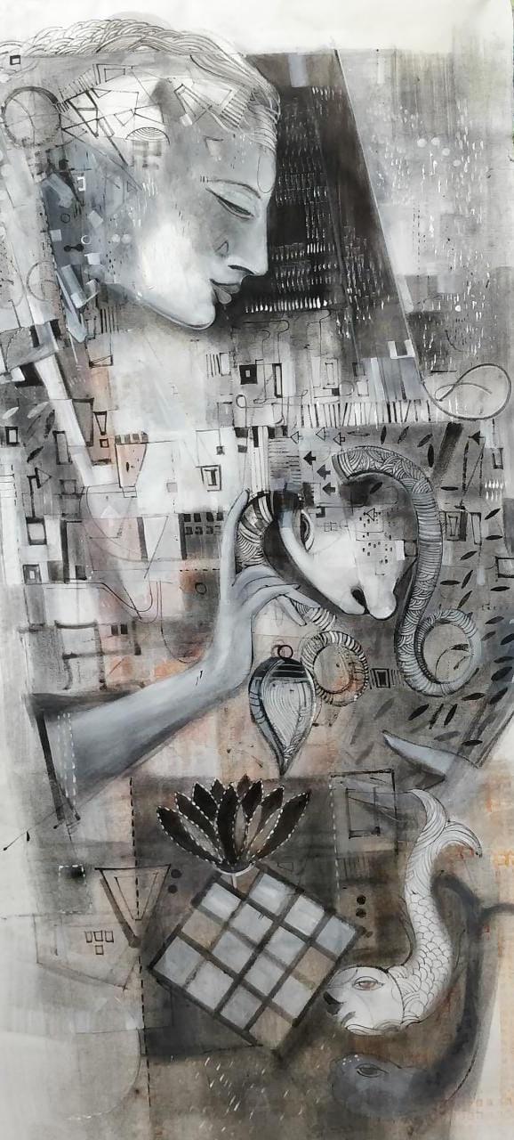 Figurative mixed media painting titled 'The Notes Of Silence', 60x24 inches, by artist Madan Lal on Canvas